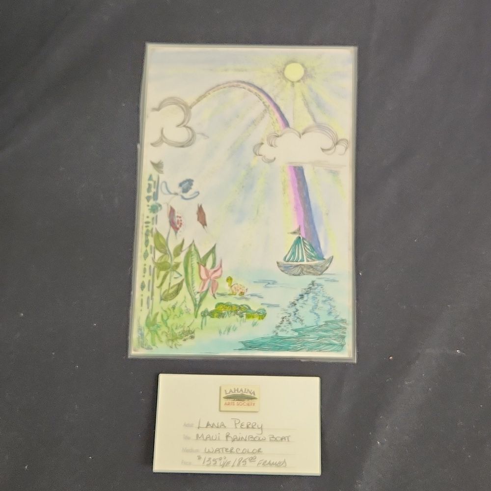 Vintage Lana Perry Watercolor Maui Rainbow Boat Lahaina Maui